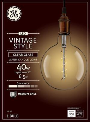 GE Vintage Style LED Light Bulb, 40 Watt Eqv, Clear Glass, Warm Candle Light, G63 Large Globe Bulb, Medium Base