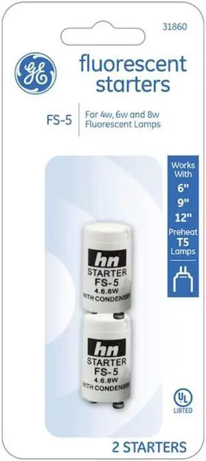 (2 pack) GE 31860 White Fluorescent Starter 4 watt, 6 watt and 8 watt T5 fluorescent