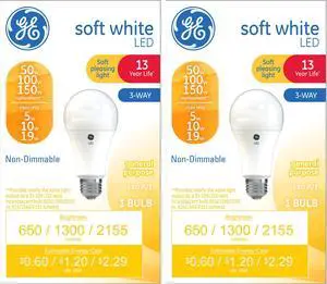 (2 bulbs) GE soft white LED 3-WAY A21 50 watt 100 watt 150 watt equivalent LED light bulb, soft pleasing light, 650/1300/2155 lumens