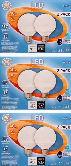 (6 bulbs) GE 37194 LED G25 Globe, 5 watts, 350 lumens, daylight LED light bulb, medium base, frosted finish