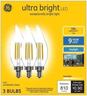 GE ultra bright LED 100 watt equivalent CA12 Daylight Dimmable Decorative Candle Light Bulb (3 pack)
