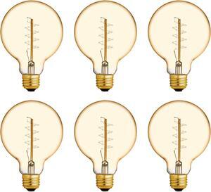 (case of 6 bulbs) GE 46176 Vintage G30, Amber Glass, 60 watt, meandering joyous spiral filament, dimmable amber candlelight glow, lightbulb