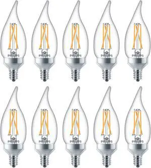 (10 bulbs) Philips LED BA11 Decorative Candle bulb, 25 watt equivalent using only 2 watts, 180 lumens, Dimmable, soft white, candelabra screw base, warm glow affect (color temp adjusts with dimming)