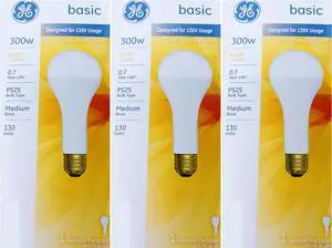 (3 bulbs) GE 73790  Incandescent General Purpose PS25 Bulb, 6120 lumens, 300 watts, medium base, 130V