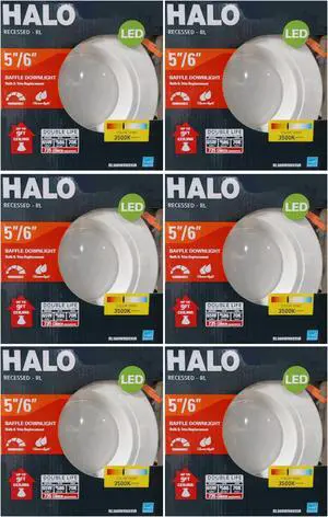 (6 pack) HALO Recessed RL560WH6935R 5" or 6" Integrated LED bulb with Recessed White Trim, 3500K Soft White, 735 Lumens, Dimmable, Very Wide Flood, Wet rated for shower use