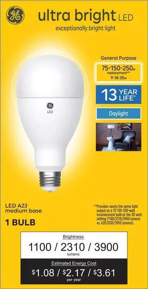 GE ultra bright LED 3-way light bulb, 75/150/250 watt equivalent, Daylight, 1100/2310/3900 lumens, exceptionally bright LED A23, frost finish, ultrabright LED