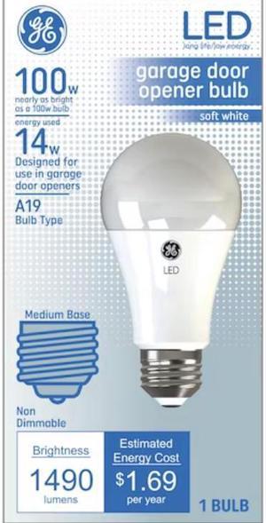 GE Lighting 93116245 LED A19 Garage Door Opener Bulb, Frosted Soft White, 1490 Lumens, 14-Watts, rough service, heavy duty to withstand vibration