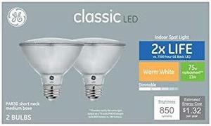 (2 bulbs) GE classic LED PAR30 Shortneck, 75 W Equivalent, Dimmable Warm White Par30 Shortneck, 11 watt, 850 lumen LED Light Bulb Indoor Spot Light