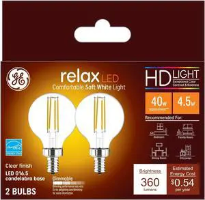 (2 bulbs) GE 42290 relax LED Soft White, Dimmable G16.5 Globe Light Bulb, 40 watt replacement using only 4.5 watts, 360 lumens, candelabra base