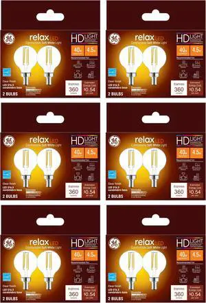 (12 bulbs) GE 42290 relax LED Soft White, Dimmable G16.5 Globe Light Bulb, 40 watt replacement using only 4.5 watts, 360 lumens, candelabra base