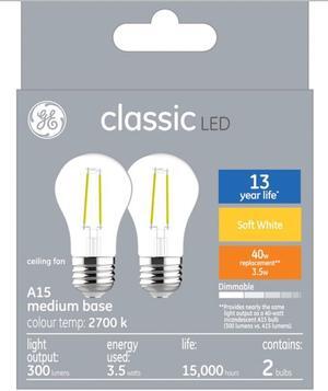 (2 bulbs) GE classic LED A15, 3.5 watt, 300 lumen 40 watt replacement, Dimmable, medium base, soft white 2700K Ceiling Fan Light bulb