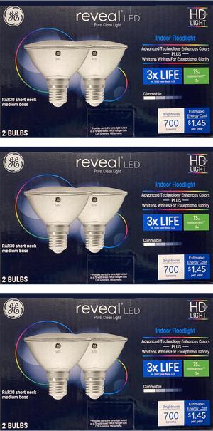 (6 bulbs) GE Reveal LED 75 W Equivalent Dimmable, Color-Enhancing HD PAR30 Shortneck, Dimmable LED Light Light Bulb, GE's best light, Indoor Floodlight, 700 lumen, 12 watt