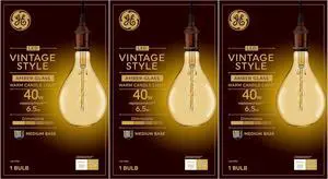 (case of 3) GE Lighting Large Vintage Warm Candle Light LED PS52, Amber Glass, 6.5 watts, Spiral Weave Filament, 350 lumens, PS52 Pear-Shaped LED Light Bulb, Dimmable