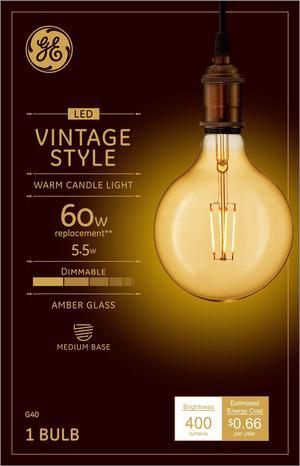 GE Lighting 42184 Vintage LED G40 Light Bulb, Dimmable, 5.5 watts (60-Watt Replacement), 400 lumens,  Medium Base, 1-Pack, Amber Glass