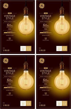 (case of 4) GE 42184 Vintage LED G40 Light Bulb, Dimmable, 5.5 watts (60-Watt Replacement), 400 lumens,  Medium Base, Amber Glass