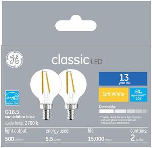 (2 bulbs) GE LED Decorative Globe, G16.5, 60 watt equivalent using only 5.5 watts, 500 lumens, 2700K Golden Soft White, Dimmable, Candelabra base, 13 year life