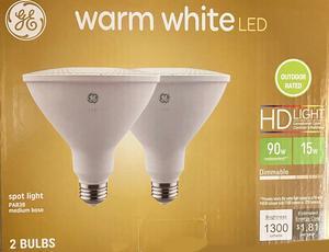 (2 bulbs) GE 48481 warm white LED PAR38 Outdoor / Indoor Spot Light, 15 watt, 1300 lumen, HD Light, medium base, 3000K Warm White