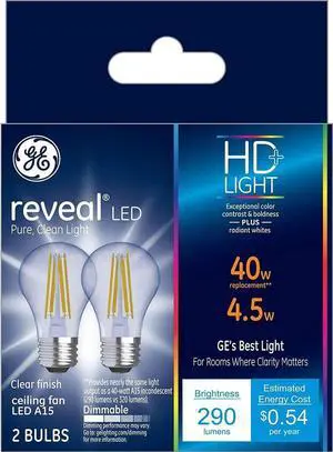 (2 bulbs) GE reveal LED A15 Ceiling Fan Light Bulb, 4 watt (40W Equivalent) HD Reveal, Clear Finish, Medium Base, Dimmable (2 bulbs) GE reveal LED A15 Ceiling Fan Light Bulb, 4 watt (40W Equivalent) HD Reveal, Clear Finish, Medium Base, Dimmable