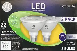 (2 pack) GE 96924 PAR30 short neck LED 12 Watt (75 watt equivalent), 850 Lumen Dimmable Indoor Floodlight with Medium Base, Soft White Light Bulb