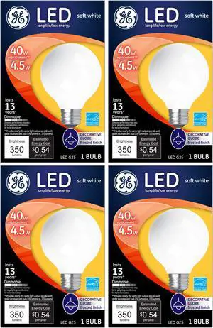 (case of 4) GE Lighting 25048 LED G25 Light Bulb, Decorative Globe, 4.5 watts (40-Watt Replacement), 350-Lumen, Energy-Star Rated, Dimmable Medium Base, Frosted White (case of 4) GE Lighting 25048 LED G25 Light Bulb, Decorative Globe, 4.5 watts (40-Watt Replacement), 350-Lumen, Energy-Star Rated, Dimmable Medium Base, Frosted White
