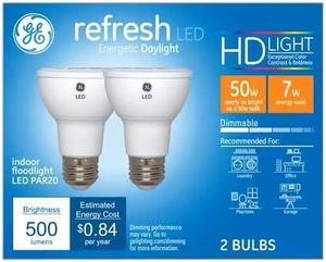 (2 bulbs) GE Lighting  45533 LED Par20 Indoor Floodlight, 7 watt, Daylight, 500 Lumens,Dimmable LED Light Bulb