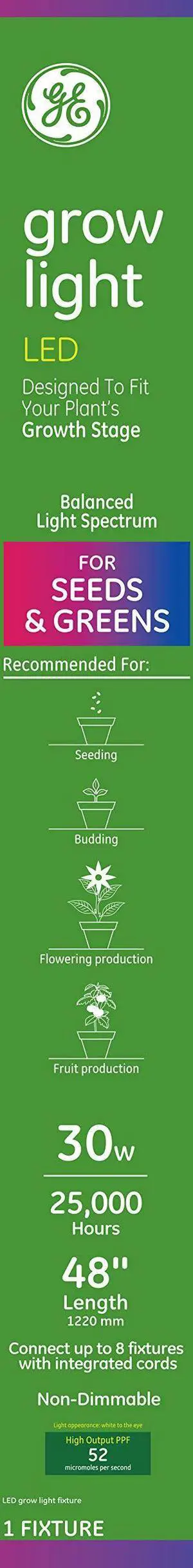 GE Grow Light Bulb, 48-Inch LED Grow Lights for Indoor Plants, Full Spectrum, 30-Watt, Indoor Plant Light with Balanced Lighting for Seeds & Greens