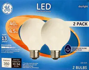 GE 28357 Decorative LED 40 watt equivalent G25 frosted Dimmable daylight LED bulb (case of 12 bulbs) GE 28357 Decorative LED 40 watt equivalent G25 frosted Dimmable daylight LED bulb (case of 12 bulbs)
