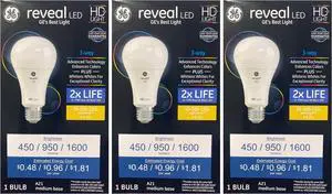 (3 bulbs) GE reveal LED A21 Color Enhancing 3-Way Bulb, 50/100/150 watt equivalent 3 way LED Light Bulb