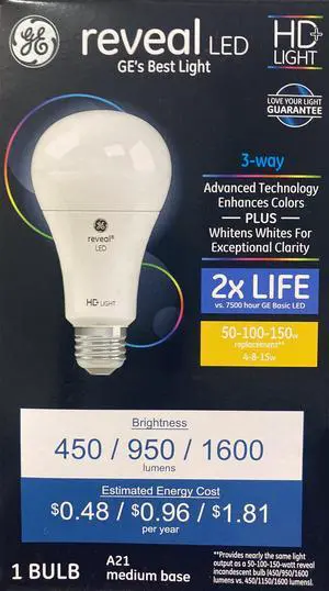 GE reveal LED A21 Color Enhancing 3-Way Bulb, 50/100/150 watt equivalent 3 way LED Light Bulb