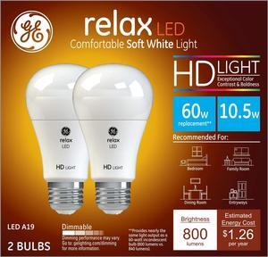 GE Lighting 36835 Light Bulb Relax HD Dimmable LED A19 10.5 (60-Watt Replacement), 800-Lumen Medium Base, 2-Pack, Soft White, 2
