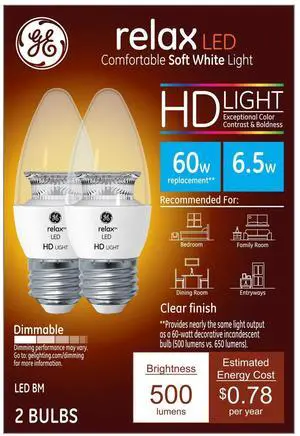 GE Lighting 92301 LED Relax HD 60-watt Replacement, 500-Lumen Blunt Tip Light Bulb with Medium Base, Soft White, 2-Pack, Dimmable Candle light GE Lighting 92301 LED Relax HD 60-watt Replacement, 500-Lumen Blunt Tip Light Bulb with Medium Base, Soft White, 2-Pack, Dimmable Candle light