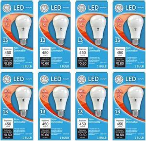 (case of 8 bulbs) GE Lighting 61961 LED A19, 40 watt equivalent using only 5 watts, Daylight, Medium Base, Frosted LED Light Bulb, 450 lumens