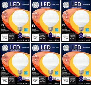 (case of 6 bulbs) GE Lighting 37906 LED G25 Decorative Bulb with Candelabra Base, 5-Watt, Soft White, Dimmable, 350 lumens