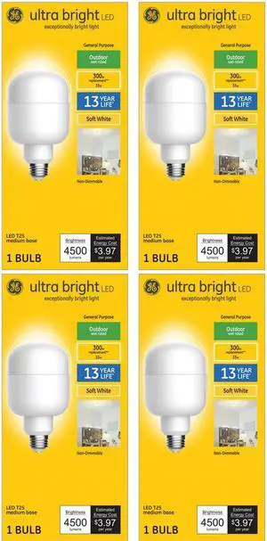 (case of 4) GE Lighting ultra bright LED Light Bulb, 300 watt equivalent, Soft White, T25 Outdoor Wet rated LED Light Bulb, uses only 33 watts, 4500 lumens (case of 4) GE Lighting ultra bright LED Light Bulb, 300 watt equivalent, Soft White, T25 Outdoor Wet rated LED Light Bulb, uses only 33 watts, 4500 lumens