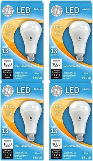 (case of 4) GE 65764 LED A21 100 watt equivalent Daylight LED Light Bulb, 15 watt, 1600 lumens , 5000K Daylight