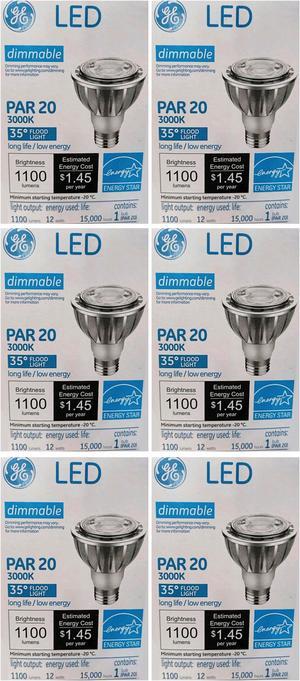 (6 bulbs) GE 38130 LED PAR20 Flood Light, 1100 Lumens, 3000K, 35 degree beam angle, Dimmable, 12 watts, 15000 hours, energy star