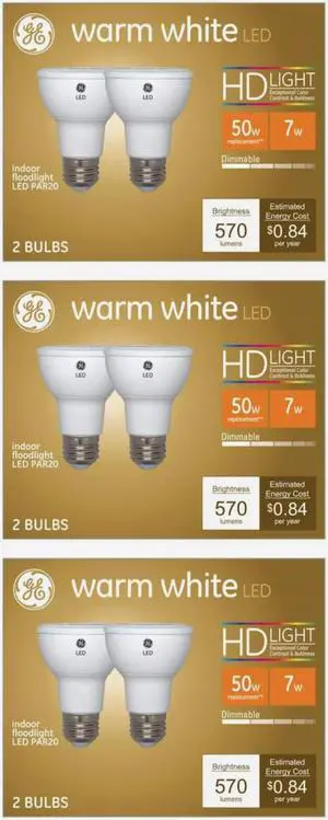 (6 bulbs) GE Lighting warm white LED PAR20 indoor floodlight, 50 watt replacement using only 7 watts, 570 lumens, Exceptional Color Contrast and Boldness, Dimmable