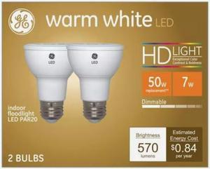 (2 bulbs) GE Lighting warm white LED PAR20 indoor floodlight, 50 watt replacement using only 7 watts, 570 lumens, Exceptional Color Contrast and Boldness, Dimmable