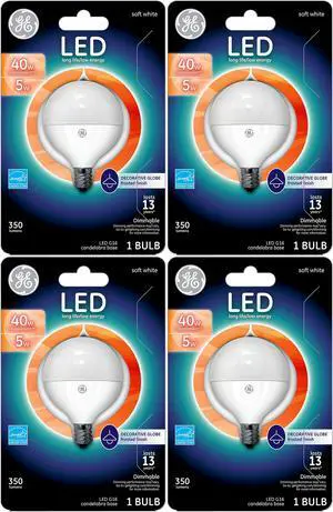 (4 bulbs) GE Lighting 37892 LED G16 Globe, 5 Watt, candelabra base, Frosted Soft White LED Dimmable Light Bulb (4 bulbs) GE Lighting 37892 LED G16 Globe, 5 Watt, candelabra base, Frosted Soft White LED Dimmable Light Bulb