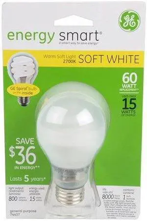 GE Lighting 74437 Energy Smart CFL 15-Watt (60-watt replacement) 800-Lumen A19 Light Bulb with Medium Base, 1-Pack