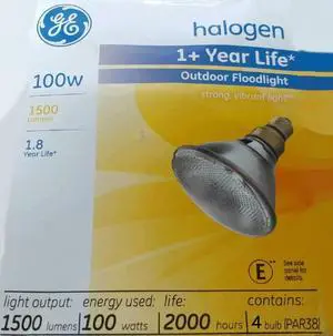 (4 bulbs) GE Par38 Halogen Outdoor Floodlight, 100 watt, 1500 Lumens, Strong Vibrant Light, Medium Base, (4 bulbs) GE Par38 Halogen Outdoor Floodlight, 100 watt, 1500 Lumens, Strong Vibrant Light, Medium Base,