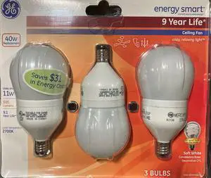 GE Lighting 78938 Energy Smart CFL 11-Watt (40-watt replacement) 505-Lumen A17 Light Bulb with Candelabra Base (pack of 3)