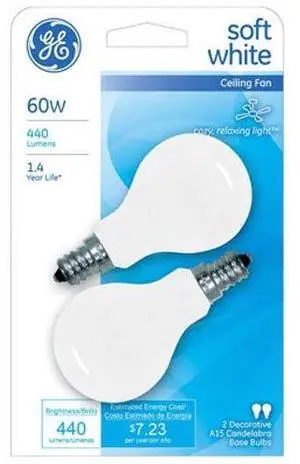 GE A15 Ceiling Fan Decorative Light Bulb, Soft White Finish, 60-Watts, Candelabra Base, 2-Pack