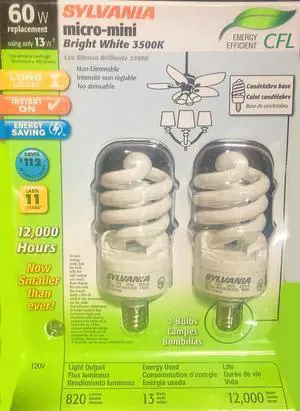 (2 bulbs) Sylvania micro-mini CFL spiral, 60 watt equivalent, Bright White 3500K, candelabra base, micro energy efficient CFL light bulb (2 bulbs) Sylvania micro-mini CFL spiral, 60 watt equivalent, Bright White 3500K, candelabra base, micro energy efficient CFL light bulb