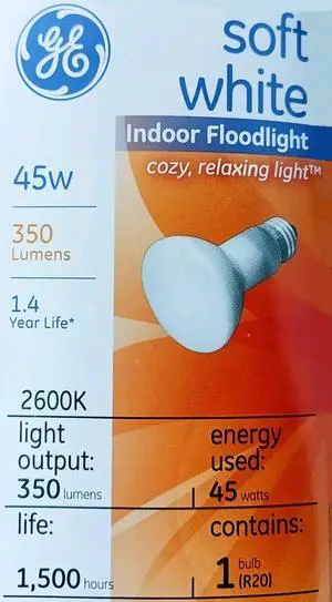 (6 bulbs) GE Lighting 01202 Incandescent 45 watt R20 Indoor Floodlight 2600K soft white, cozy, relaxing light bulb
