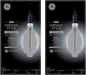 (case of 2) GE Large Vintage LED BT56 light bulb,  Smoke Finish, Spiral Filament, 6.5 watt, 190 lumen, Cool Modern 5000K, Dimmable, large LED BT56 Light Bulb, 25W replacement