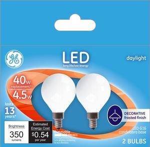 GE 33627 LED G16 Globe Light Bulb, 4.5 Watt, 350 lumen, Daylight, Frosted Finish, Decorative Light Bulb, Candelabra Base, Dimmable (2 Pack)