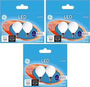 (6 bulbs) GE 33627 LED G16 Globe Light Bulb, 4.5 Watt, 350 lumen, Daylight, Frosted Finish, Decorative Light Bulb, Candelabra Base, Dimmable