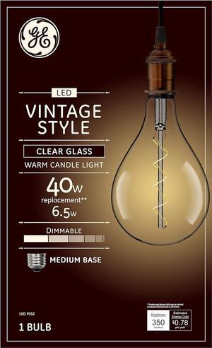 GE Large Vintage Warm Candle Light LED PS52, 6.5 watt, 350 lumen, Clear Glass, Dimmable, LED PS52 Light Bulb, Spiral filament, Medium Base, Beautiful Pendant, centerpiece light