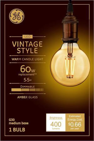 GE Lighting Vintage Style LED Globe Light Bulb, 5.5 Watts (60 Watt Equivalent) Warm Candle Light, Amber Glass, Medium Base, Dimmable (1 Pack)